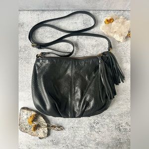 Black Leather Crossbody Bag with Tassels